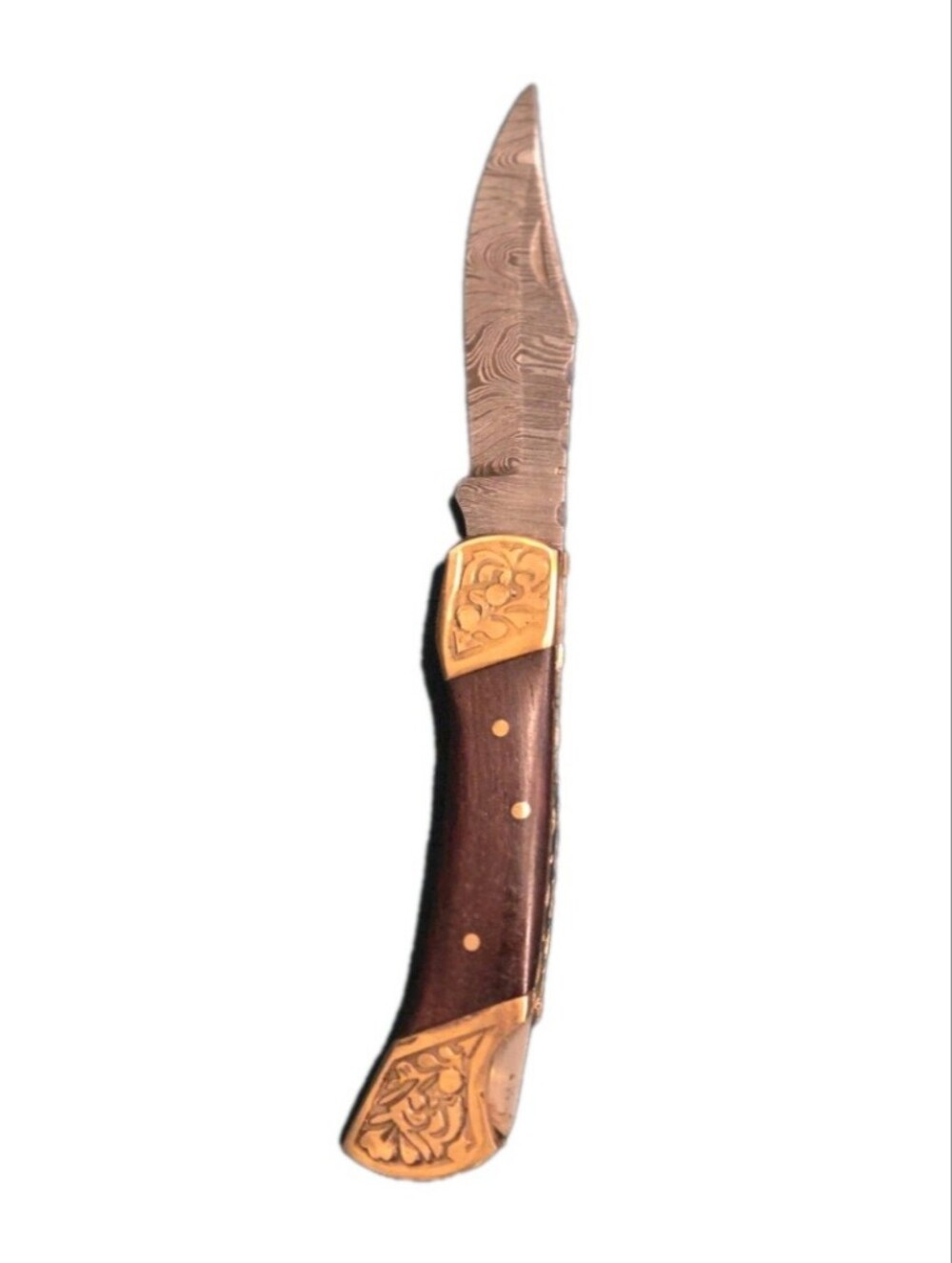 7” Handmade Damascus Steel Pocket Knife-Engraved Brass Bolster Folding Knife